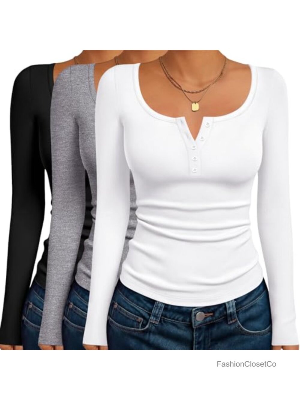 3 Pack Henley Long Sleeve Shirts for Women, Women's Long Sleeve Button Tees,
